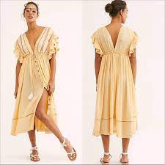 Free People Natural Will Wait for You Midi Dress size medium yellow - Picture 1 of 7